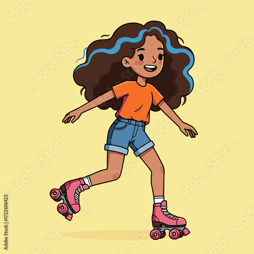A joyful person with long wavy brown hair and blue streaks roller skating in bright clothes, arms outstretched—full of motion, fun, and playful energy.