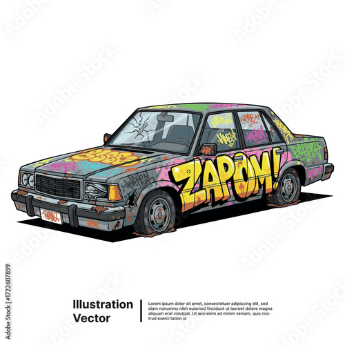 Graffiti-covered Car Illustration with Urban Decay Aesthetics and Bold, Vibrant Colors