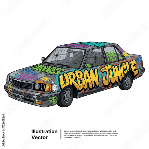 Urban Jungle Graffiti Art on a Vintage Sedan Illustration