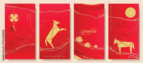 Chinese New Year 2026 hongbao red envelope design vector. Collection of Chinese festival with horse, gold nugget, wave. Elegant oriental illustration for ang pao, cover, website, calendar, ads.