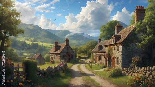 A serene village scape view with rolling hills and lush green trees surrounding traditional stone cottages with smoke drifting lazily from chimneys, set against a warm sunny sky with fluffy white clou