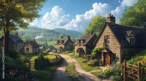 A serene village scape view with rolling hills and lush green trees surrounding traditional stone cottages with smoke drifting lazily from chimneys, set against a warm sunny sky with fluffy white clou
