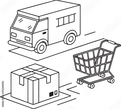 Line Art Delivery Truck, Package, and Shopping Cart – Online Shopping and Logistics Illustration