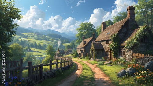 A serene village scape view with rolling hills and lush green trees surrounding traditional stone cottages with smoke drifting lazily from chimneys, set against a warm sunny sky with fluffy white clou