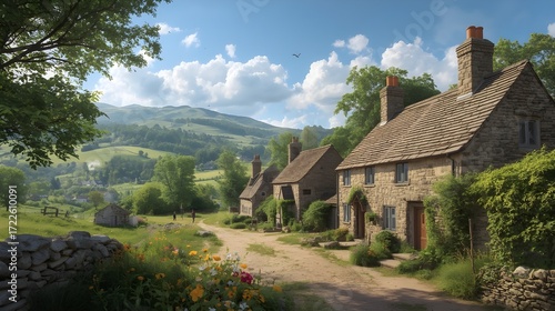 A serene village scape view with rolling hills and lush green trees surrounding traditional stone cottages with smoke drifting lazily from chimneys, set against a warm sunny sky with fluffy white clou
