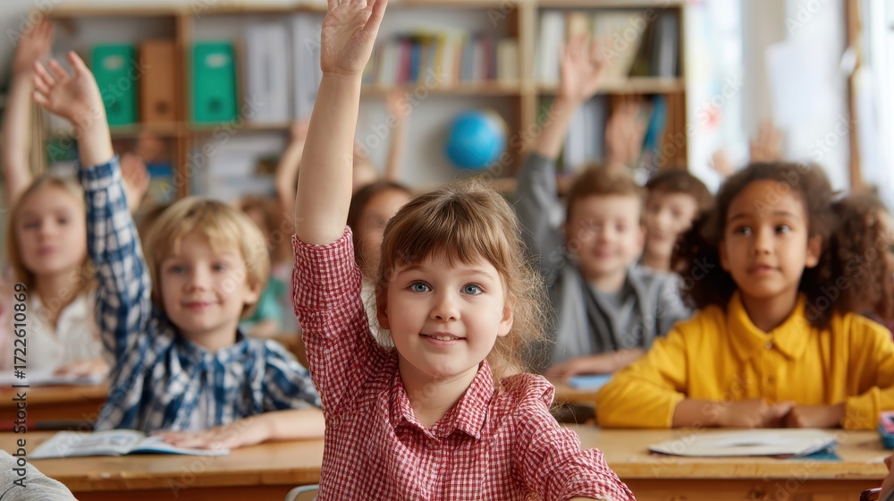 Fototapeta premium Enthusiastic students raise their hands in a bright, diverse classroom setting. Use for educational materials, illustrating engagement, or classroom learning.