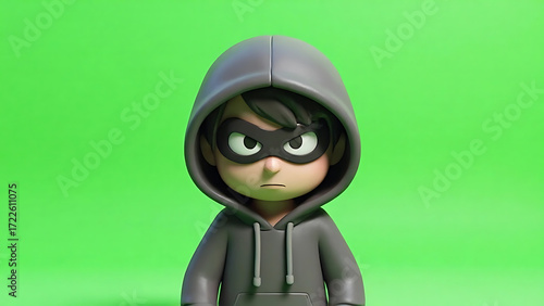 Angry 3D stylized character in hoodie and mask on green screen background