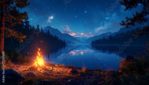 Campfire by a serene lake at night