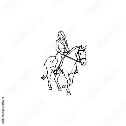 Black and white line art of a beautiful woman with perfect body riding horse elegant minimalist illustration