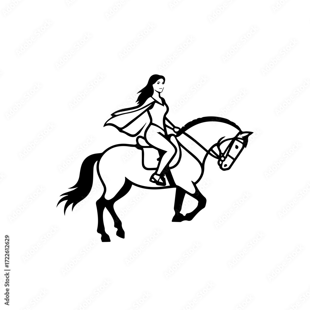 Obraz premium Black and white line art of a beautiful woman with perfect body riding horse elegant minimalist illustration