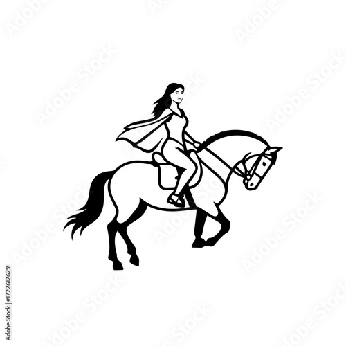 Black and white line art of a beautiful woman with perfect body riding horse elegant minimalist illustration