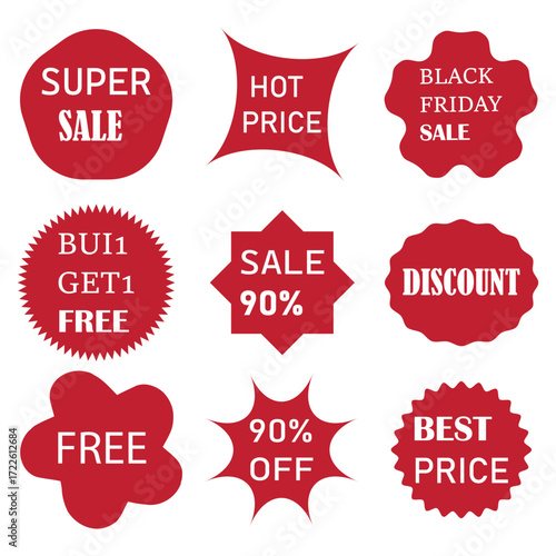 Set of sale stickers and promotional labels for advertising. Discount price tags for retail marketing. Special and best offer vector graphic elements collection isolated EPS 10
