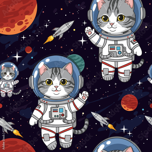 Adorable cartoon cats in astronaut suits float in space among planets and rockets