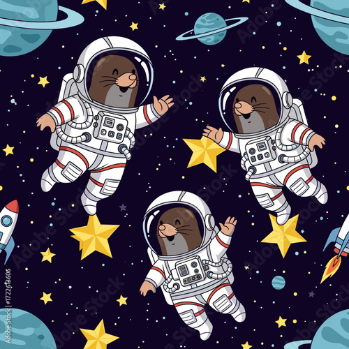 Cute mole astronauts exploring a starry galaxy with planets and rockets joyful space adventure