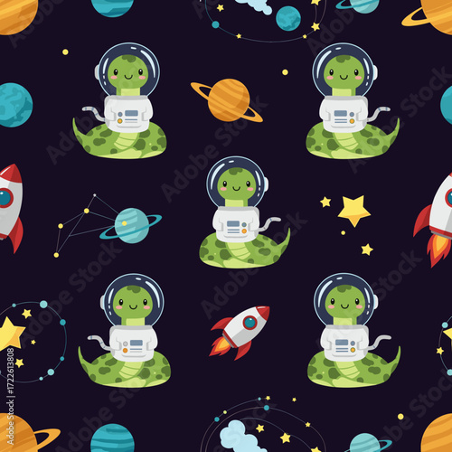 Adorable snake astronaut explores space Fun seamless pattern with planets rockets and stars