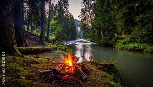 Campfire by a serene river in a forest at dusk