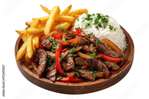 Traditional Peruvian lomo saltado with beef, red peppers, fries, and rice on wooden plate, isolated on white transparent background, South American Cuisine concept