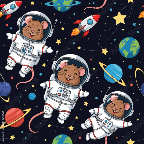 Cute astronaut mice explore a whimsical space with planets rockets and stars Perfect for kids designs