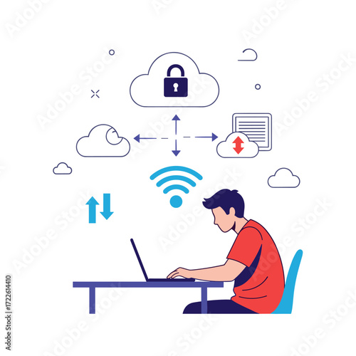 Man working on laptop with cloud technology and security symbols.