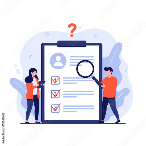 People Analyzing Checklist on Clipboard with Magnifying Glass.
