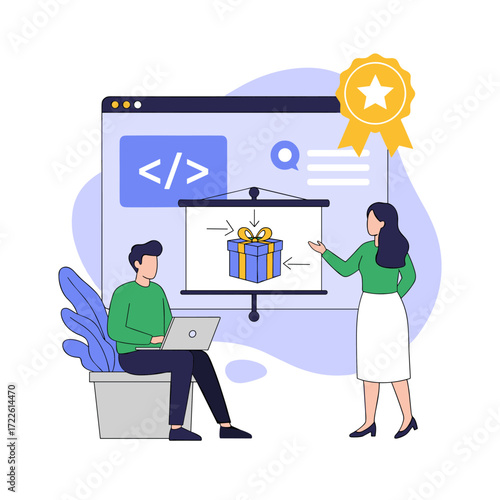Team presenting a gift box on a projector screen.