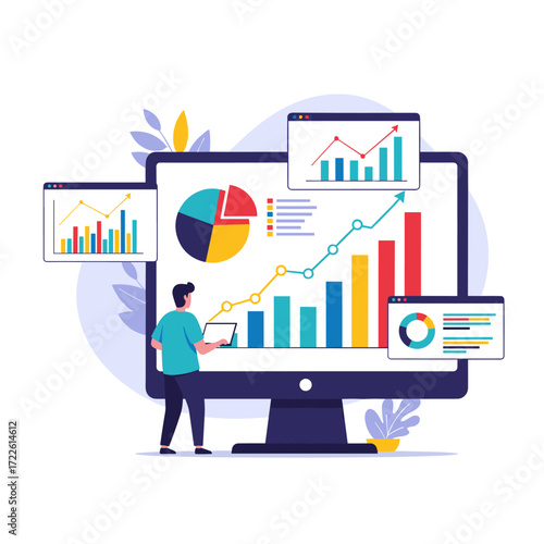 Business analytics and data visualization on computer screen.