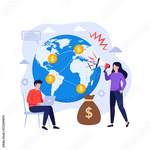 Global business and finance concept with people and money.