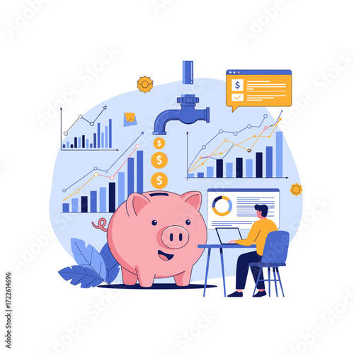 Piggy Bank with Money Flow and Financial Growth Charts.