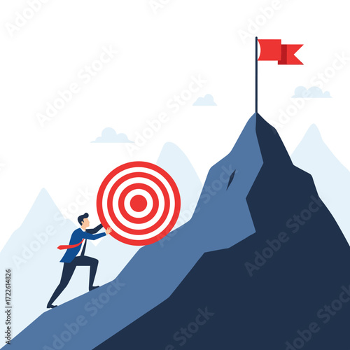 Businessman climbing mountain with target to reach goal.