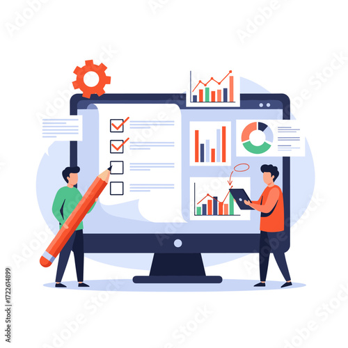 Business analytics and data visualization on computer screen with people.