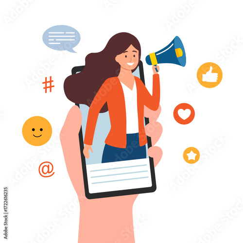 internet advertisement. Hand holding smartphone with a girl shouting in loud speaker. Influencer marketing, social media or network promotion