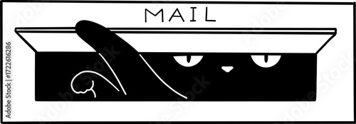 A black cat peeks out of a mail slot
