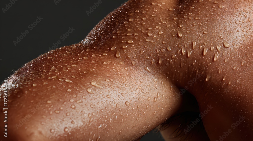 Fototapeta premium Close-up of muscular arm covered with beads of perspiration after workout. Great for fitness, health, and hard work related visual projects.