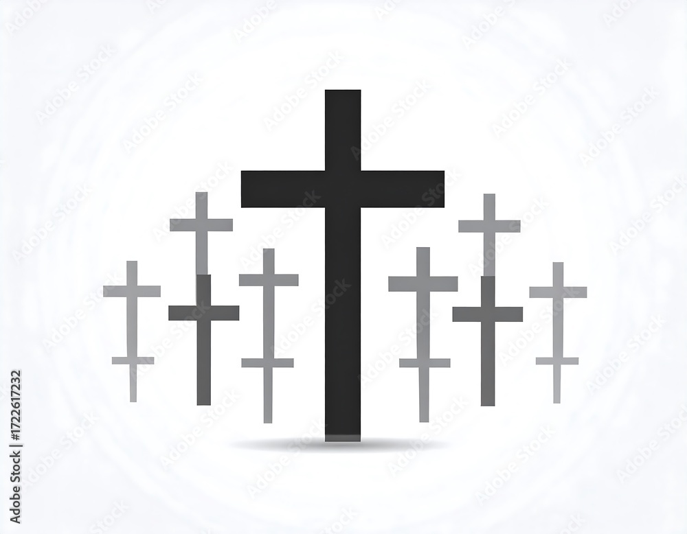 Obraz premium A large black cross with smaller gray crosses, on a light background