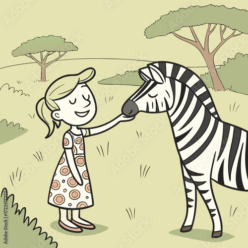 Illustration of a girl petting a zebra in a grassy field with flowers and clouds in the background scene outdoors