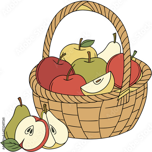 A basket filled with red and yellow apples and pears with leaves scattered around on a white background