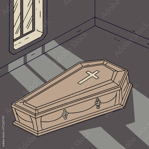 Illustration of a gray coffin with a cross on top inside a building with columns and window frames
