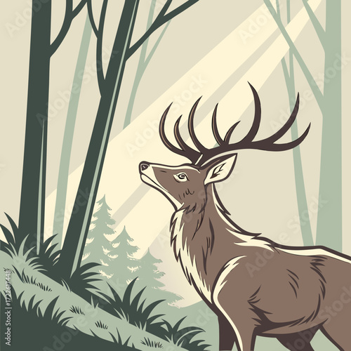 Illustration of a deer with large antlers standing in a forest with trees and bushes looking up