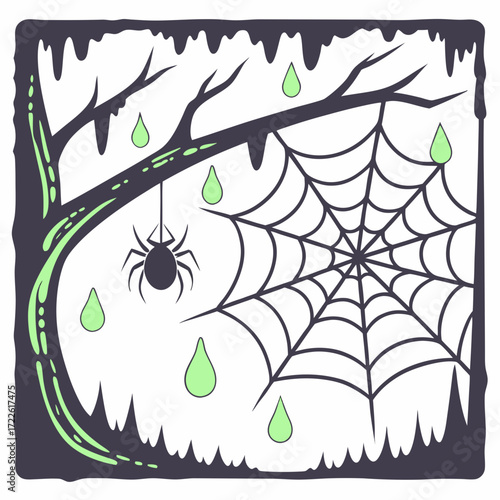 Illustration of a spooky halloween scene with a spiderweb tree grave and grass in a cartoon style