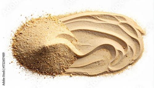 A close-up showcases an unctuous pile of tan sand, displaying defined ridges on the right and a grainy, less structured section on the left