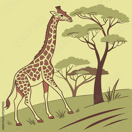 Illustration of a giraffe walking in a field with trees in the background in a sepia toned color scheme