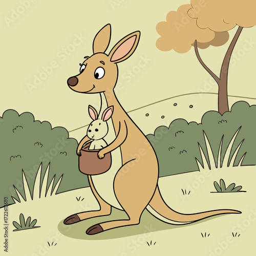 A cartoon kangaroo with a joey in its pouch standing in a grassy field with trees in the background view
