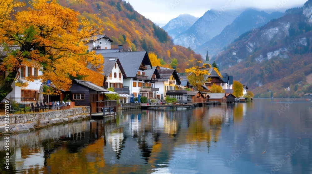 Fototapeta premium Hallstatt reflecting on the lake during a colorful autumn day