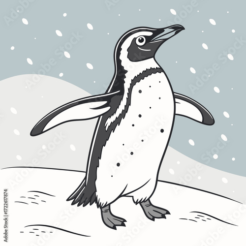 A cartoon penguin walking in a snowy landscape with a gray sky and falling snow in a monochrome style image