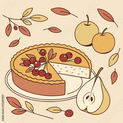 A stylized drawing of a pear pie with a slice removed, accompanied by pears and red berries on a white backdrop