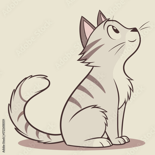 Illustration of a contented tabby cat sitting indoors with a striped tail and closed eyes in a cartoon style