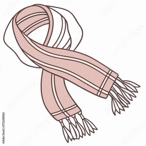 Illustration of a stylish scarf with tassels and striped pattern draped casually on a light background