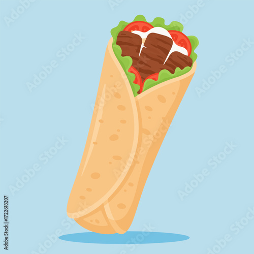 Tasty Doner Kebab Wrap with Fresh Vegetables in Cartoon Style
