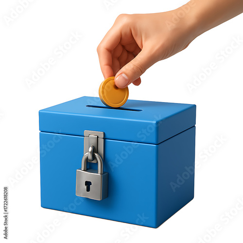 Hand Putting Coin in Blue Donation Box Isolated on Transparent Background