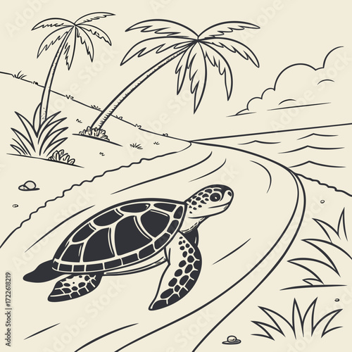 A cartoon sea turtle crawling on a sandy beach with palm trees and the ocean in the background scene view